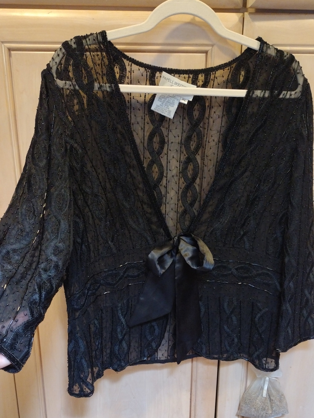 Vtg Papell Boutique Evening Black Silk Beaded Sheer Lace Jacket w/ Bow Tie